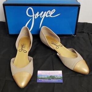 VINTAGE Joyce Smiley Flats Khaki Linen & Gold Metallic Upper USA  VGUC In box
